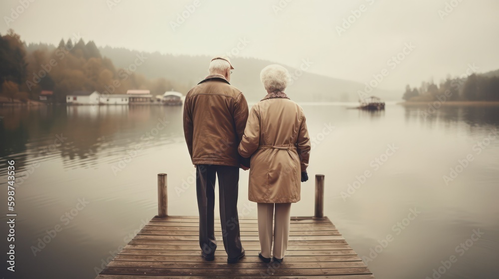 rear view of an elderly gray-haired couple man and woman walking on the shore of the lake. family wellness health concept.parents and grandparents day. Generative AI Generative AI