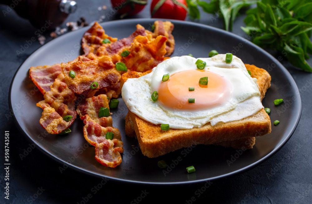 Fried eggs with bacon. Bacon and egg as English breakfast. Fried eggs with bacon. Bacon and egg as English breakfast.