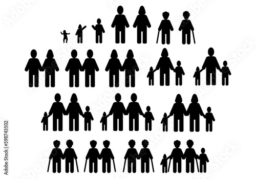 Conjunto de iconos de personas y distintos tipos de familia