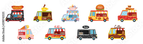 Food Truck or Van Selling Sweets, Coffee, Hot Dog and Burger Vector Set