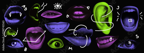 Punk collage elements. Eyes and lips and ear in halftone treatment. Retro magazine clippings. Mouth on black background. Acid colors with white doodles Vector illustration Generative AI