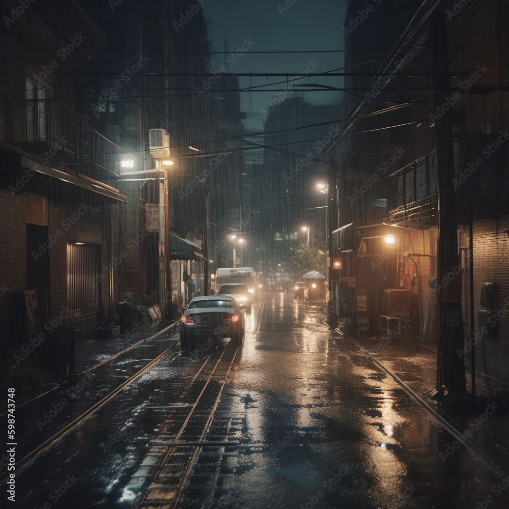 Obraz premium Heavy Rain and Dark Night in the Urban. AI generative