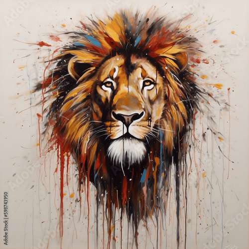 A  Portrait Painting Of A Colorful Lion  In The Style Of Dripping Paint  Spray Painted Realism  Graffiti Style  Dark White And Dark Orange  Elegant  White Background  Multi-Coloured  color splash