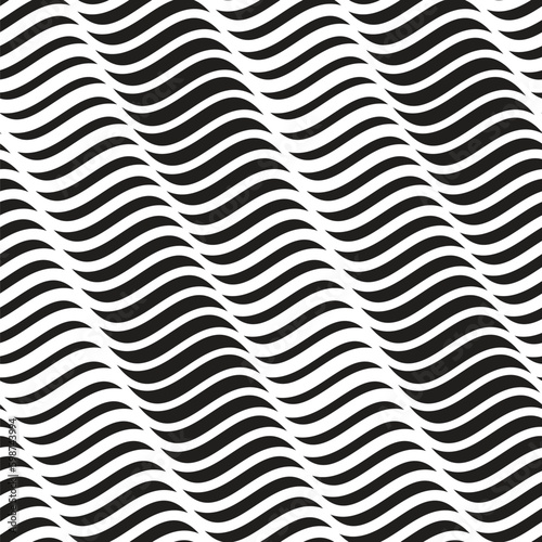 Black abstract waves on a white background. Seamless geometric decorative pattern. Wavy horizontal lines in retro style. Vector decorative image.