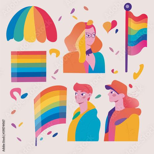 LGBTQ Pride Parade Set. Vector illustration of a gay pride parade. A group of people participating in the Pride parade. LGBT community Generative AI