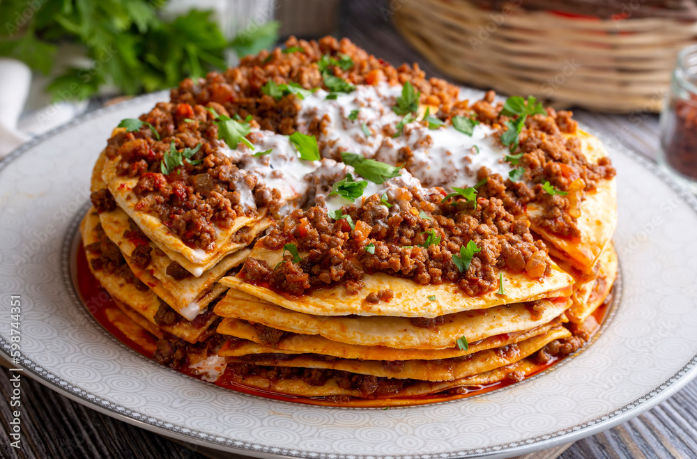 Turkish Food Kayseri Yaglama with Minced Meat, Yogurt and Tomato Paste Stock Photo Adobe Stock