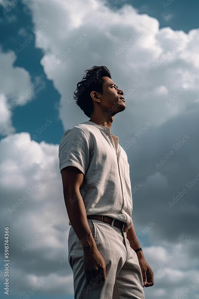 Side view of man in white shirt and blue trousers standing among the clouds and looking up, created with Generative AI Side view of man in white shirt and blue trousers standing among the clouds and looking up, created with Generative AI