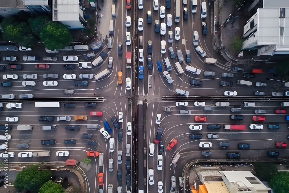Aerial view of traffic jam in metropolis city. Generative AI Aerial view of traffic jam in metropolis city. Generative AI
