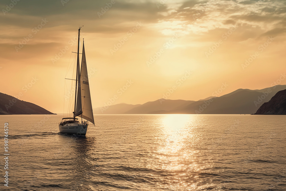 Luxury yacht sailing in the middle of the sea beside an island and mountains in the horizon at sunset as wide banner. AI generative		