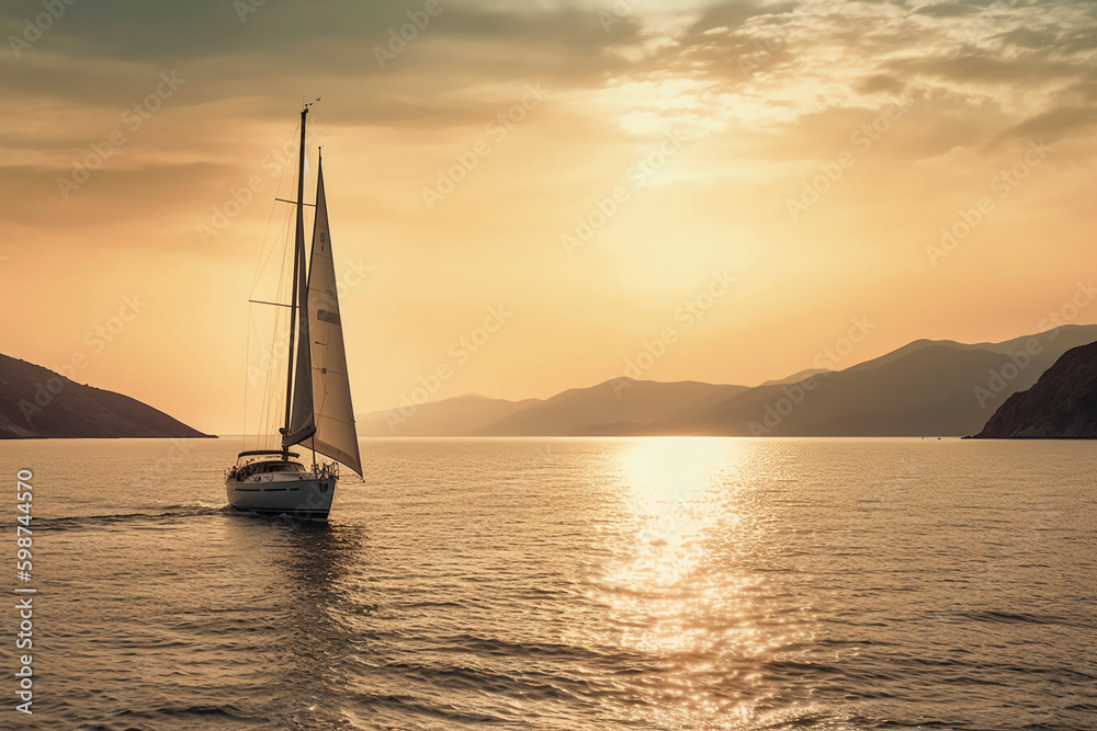 Luxury yacht sailing in the middle of the sea beside an island and mountains in the horizon at sunset as wide banner. AI generative Luxury yacht sailing in the middle of the sea beside an island and mountains in the horizon at sunset as wide banner. AI generative