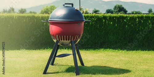 Outdoor charcoal bbq stove for concept design. White background. Picnic, kitchen equipment concept. Delicious food. Vintage design.