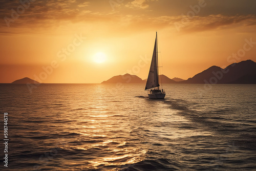 Luxury yacht sailing in the middle of the sea beside an island and mountains in the horizon at sunset as wide banner. AI generative		