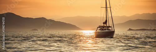 Luxury yacht sailing in the middle of the sea beside an island and mountains in the horizon at sunset as wide banner. AI generative © SANGHYUN
