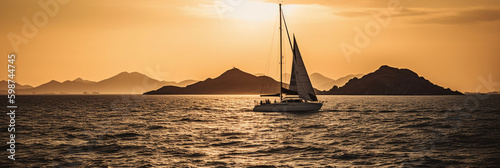 Luxury yacht sailing in the middle of the sea beside an island and mountains in the horizon at sunset as wide banner. AI generative