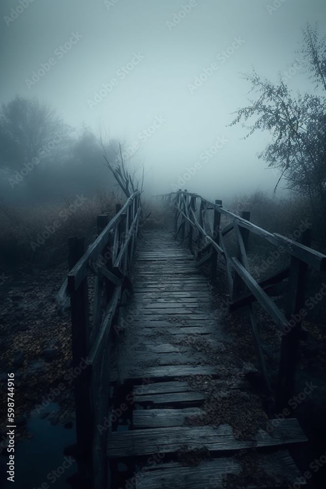 Obraz premium Old wooden bridge leading to nowhere in the fog, broken, gloomy dark blue, mysterious, loneliness. AI generative