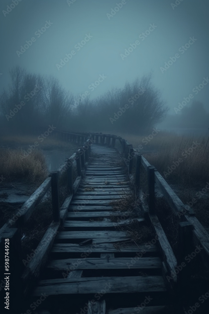 Old wooden bridge leading to nowhere in the fog, broken, gloomy dark blue, mysterious, loneliness. AI generative Old wooden bridge leading to nowhere in the fog, broken, gloomy dark blue, mysterious, loneliness. AI generative