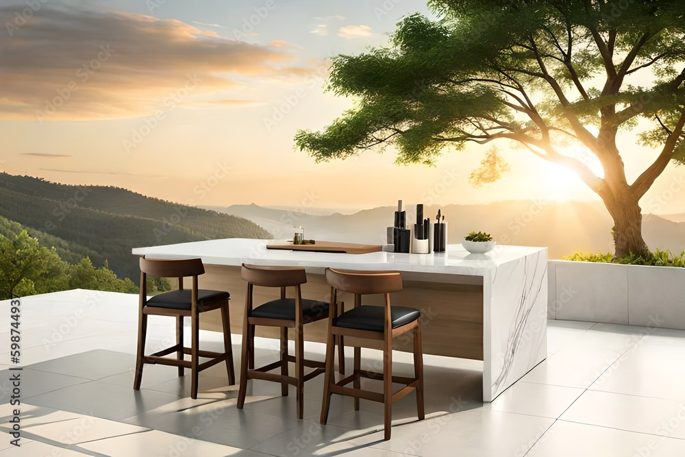 Pristine White Marble Surface and Natural Surroundings Perfect for Showcasing Organic Beauty Products Delicate Leaf Shadows with 3D Rendering Table and chairs on the open-air rooftop