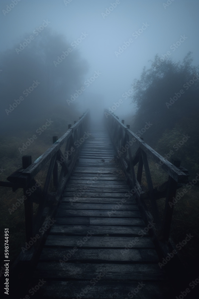 Old wooden bridge leading to nowhere in the fog, broken, gloomy dark blue, mysterious, loneliness. AI generative