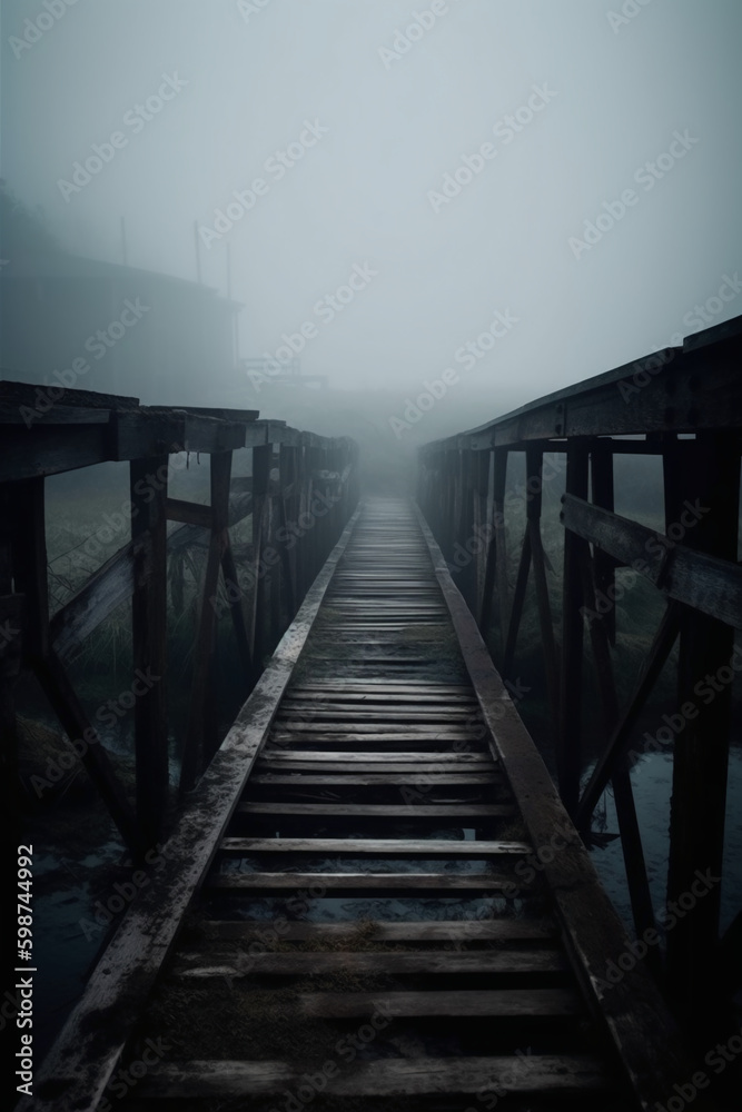 Obraz premium Old wooden bridge leading to nowhere in the fog, broken, gloomy dark blue, mysterious, loneliness. AI generative