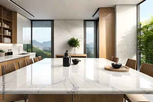 Refined Natural Beauty on a Polished Marble Counter: Showcase Organic Beauty Products with a 3D-Rendered Elegant White Countertop and Lush Green Tree Backdrop behind Mountain modern living room © Luminousium