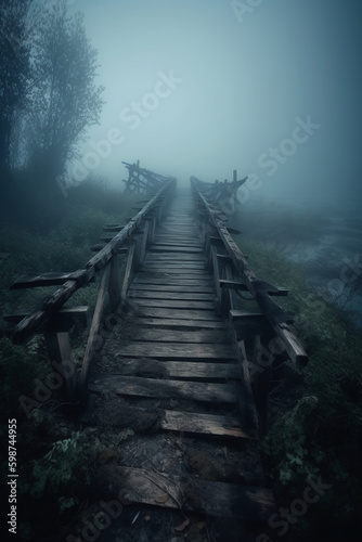 Old wooden bridge leading to nowhere in the fog  broken  gloomy dark blue  mysterious  loneliness. AI generative