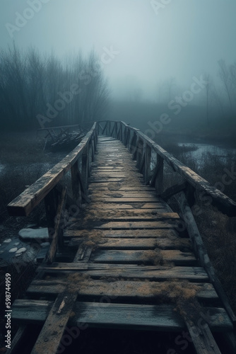 Old wooden bridge leading to nowhere in the fog, broken, gloomy dark blue, mysterious, loneliness. AI generative © SANGHYUN