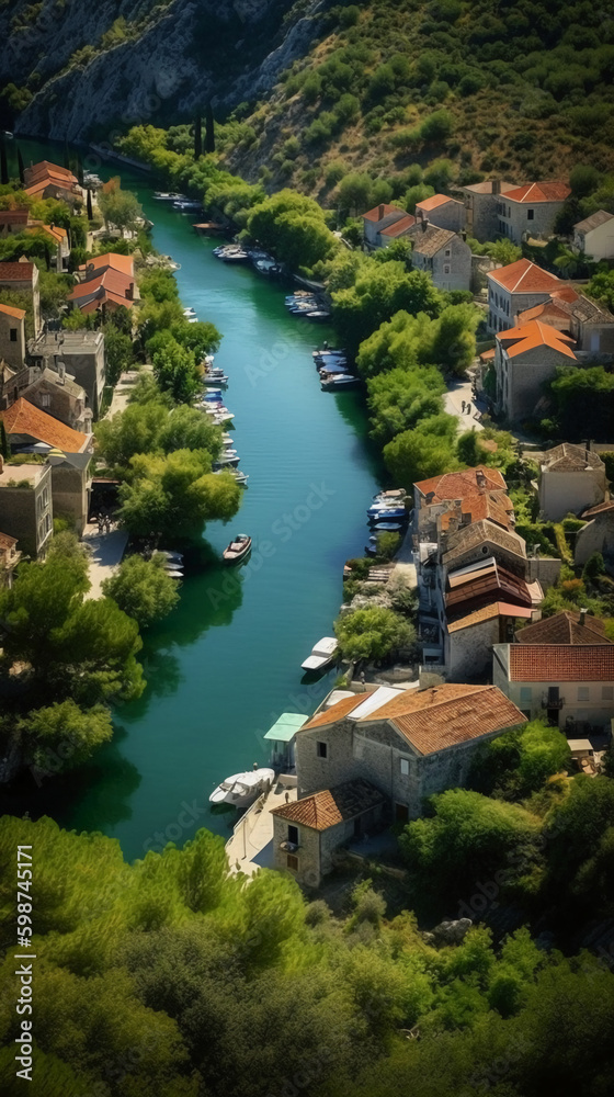 an aerial view of Skradin's historic center, with its winding streets and colorful buildings nestled among the lush greenery. AI generative an aerial view of Skradin's historic center, with its winding streets and colorful buildings nestled among the lush greenery. AI generative
