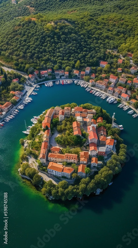 an aerial view of Skradin's historic center, with its winding streets and colorful buildings nestled among the lush greenery. AI generative