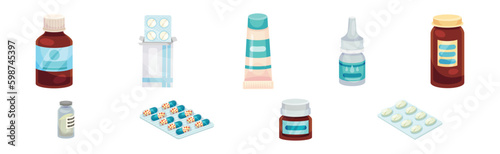 Different Drugs and Medicine with Tablet and Pills in Vial and Blister Pack Vector Set