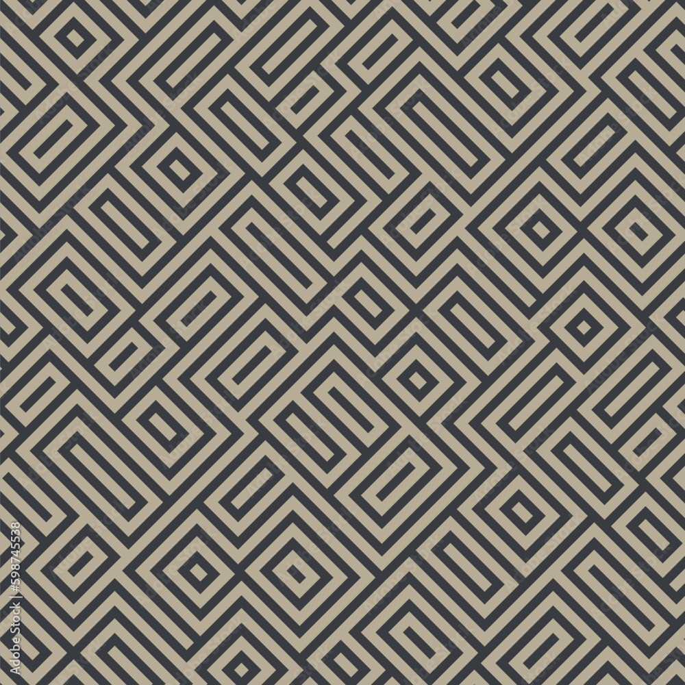 Labyrinth design with black diagonal lines on a brown background. Maze retro style. Seamless repeating pattern. Vector geometric illustration with squares, lines, and rectangles. Labyrinth design with black diagonal lines on a brown background. Maze retro style. Seamless repeating pattern. Vector geometric illustration with squares, lines, and rectangles.