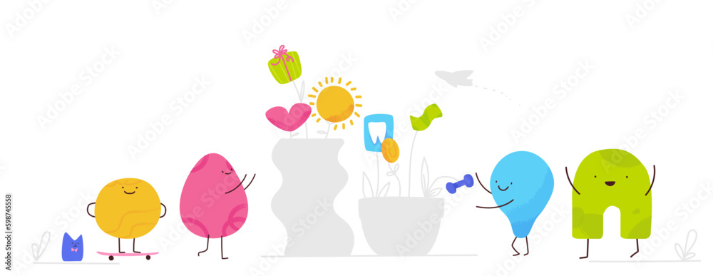 Banner on the theme of corporate bonuses and payments. Bright modern cartoon characters. A team of abstract texrured figures with joyful faces working together. Vector contemporary Generative AI