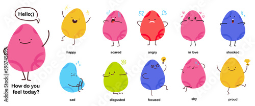 A set of stickers with different emotions. Colorful illustration for children. Simple contemporary character. Mascot for the mood diary. Illustration on the theme of mental health. Generative AI
