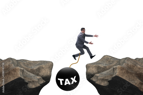 Photography Concept of tax burden with businessman over chasm