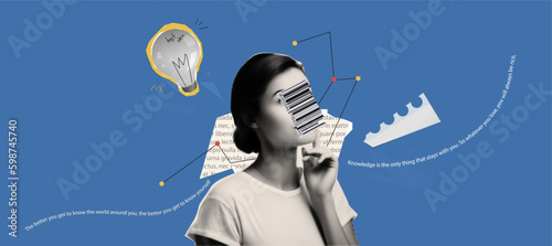 Discrimination against women in science. Vector collage with halftone effect. A woman thinks and develops an idea. The idea is a metaphor - in the form of a light bulb. Paper composition Generative AI