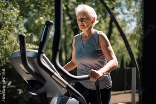 a gray-haired elderly woman is engaged in fitness equipment in the gym .the concept of health and self-care. Generative AI Generative AI