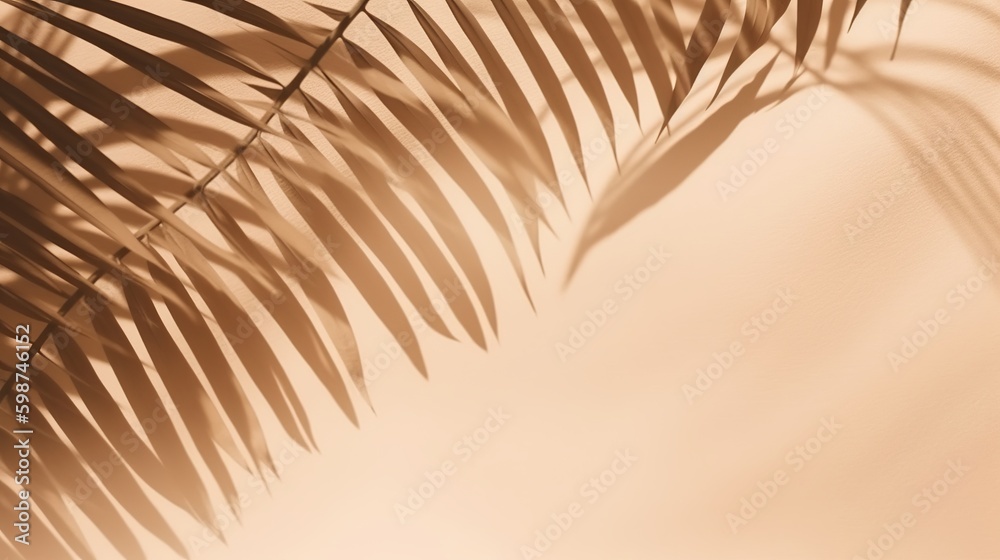 Fototapeta premium Beautiful abstract banner with green palm leaves shadow beige on white background. Natural leaf concept. Green natural background. Palm tree leaf texture. Summer concept. Abstract floral pattern.