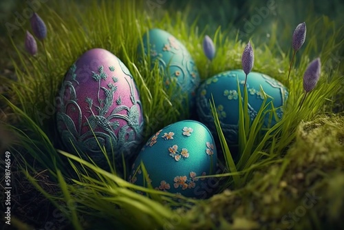 illustration  decorated easter eggs in the grass  generative ai