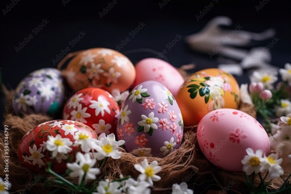 illustration, decorating easter eggs with spring flowers, ai generative.