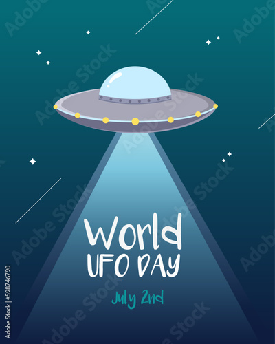World UFO day vector poster with a flying saucer and World UFO day inscription on the star sky background.