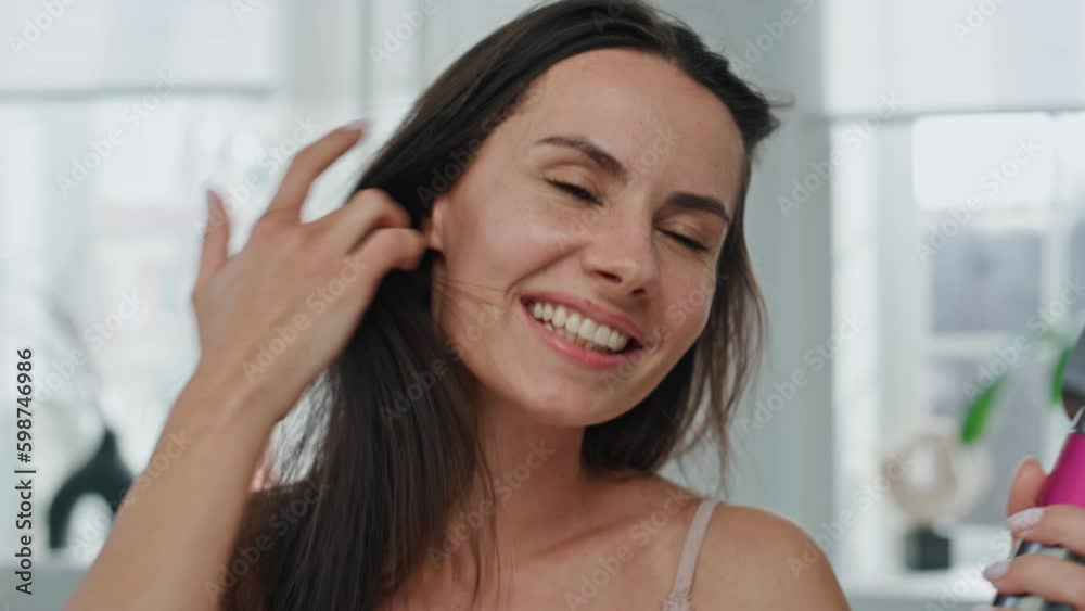 Portrait excited lady hair drying light windows room. Emotional woman hair style Generative AI Portrait excited lady hair drying light windows room. Emotional woman hair style Generative AI