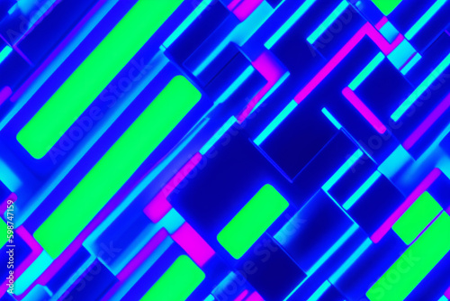 Multi coloured neon lights on blue background. Abstract geometric shapes. Seamless background, wallpaper, imprint on fabric. Generative AI