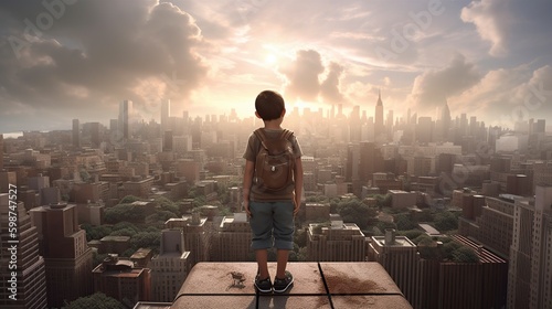 illustration, image of a boy with his back standing looking at the big city, ai generative. © Jorge Ferreiro