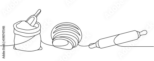 Set of bakery products one line continuous drawing. Rye round dark bread, flour bag, rolling pin continuous one line illustration.