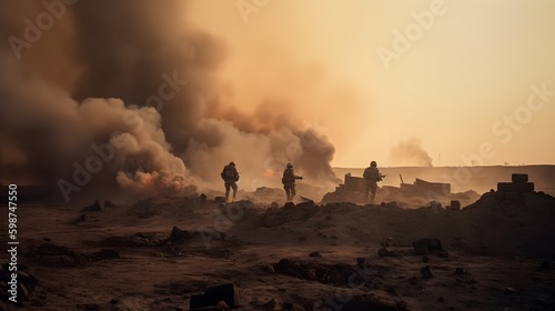 Military special forces cross the battlefield through fire and smoke in the desert, wide poster style © Emil