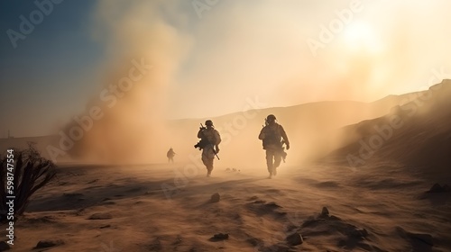 Military special forces cross the battlefield through fire and smoke in the desert, wide poster style photo