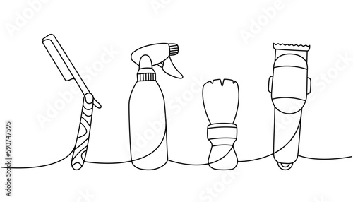Barber shop tools one line continuous drawing. Sharp razor blade, hairdresser atomizer, shaving brush, hair clipper continuous one line illustration.