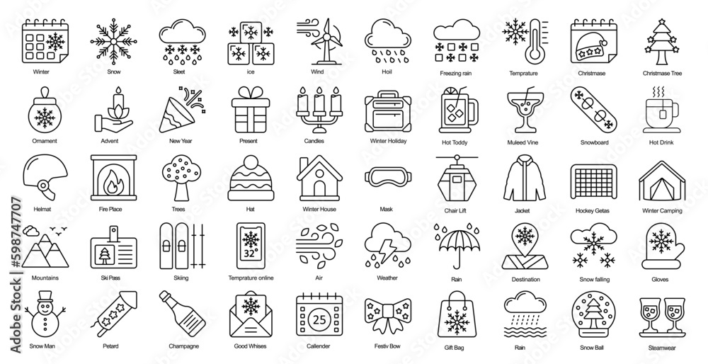 Winter Thin Line Icons Rain Christmas Snow Weather Outline Icons in Black Winter Thin Line Icons Rain Christmas Snow Weather Outline Icons in Black