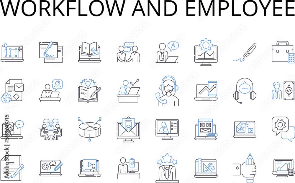 Workflow and employee line icons collection. Strategy and planning, Innovation and creativity, Collaboration and teamwork, Efficiency and optimization, Communication and feedback, Generative AI