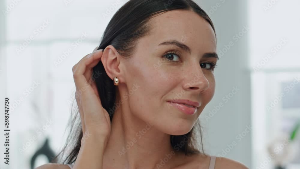Happy model putting earrings home pov video. Satisfied woman straightening hair Generative AI