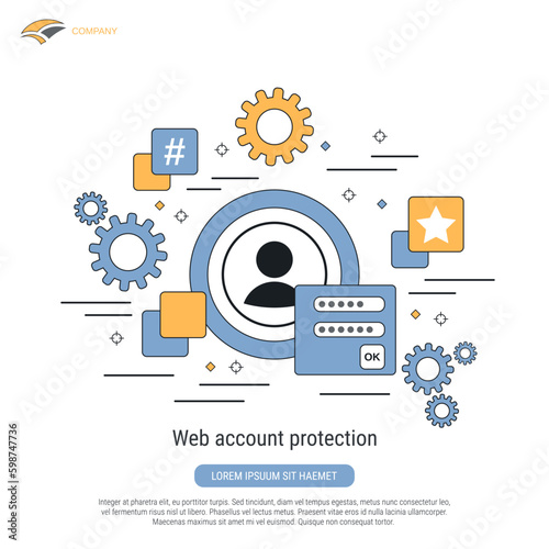 Web account protection, access control, internet security flat contour style vector concept illustration